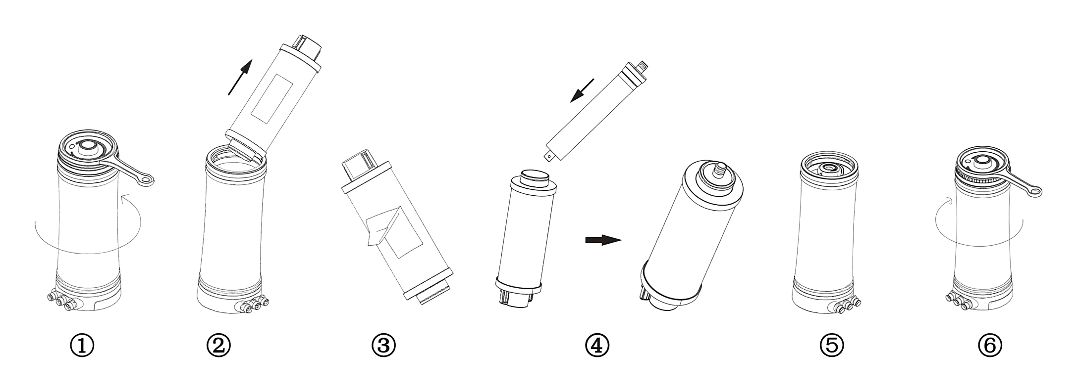 Six steps: unlock the clamp, lift the sump away, take the old cartridge out of its sleeve, seat the new one, close the sump and lock the clamp again.