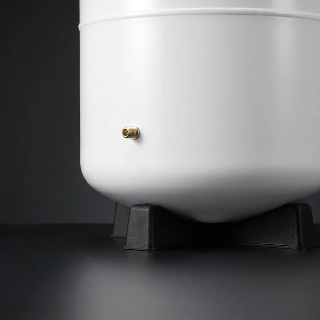The storage tank on its four-legged stand