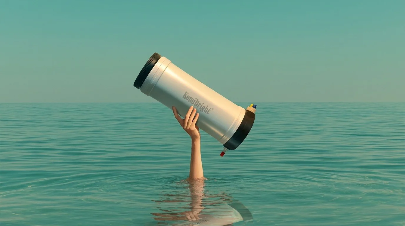 An arm reaching up out of calm sea, holding a KomiBright RO body above the water against a clear sky.