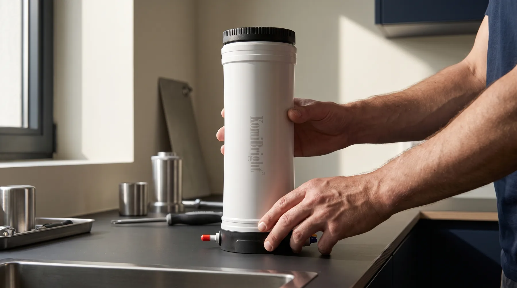 Two hands setting a KomiBright housing down on a worktop beside a sink, with tools laid out behind it.