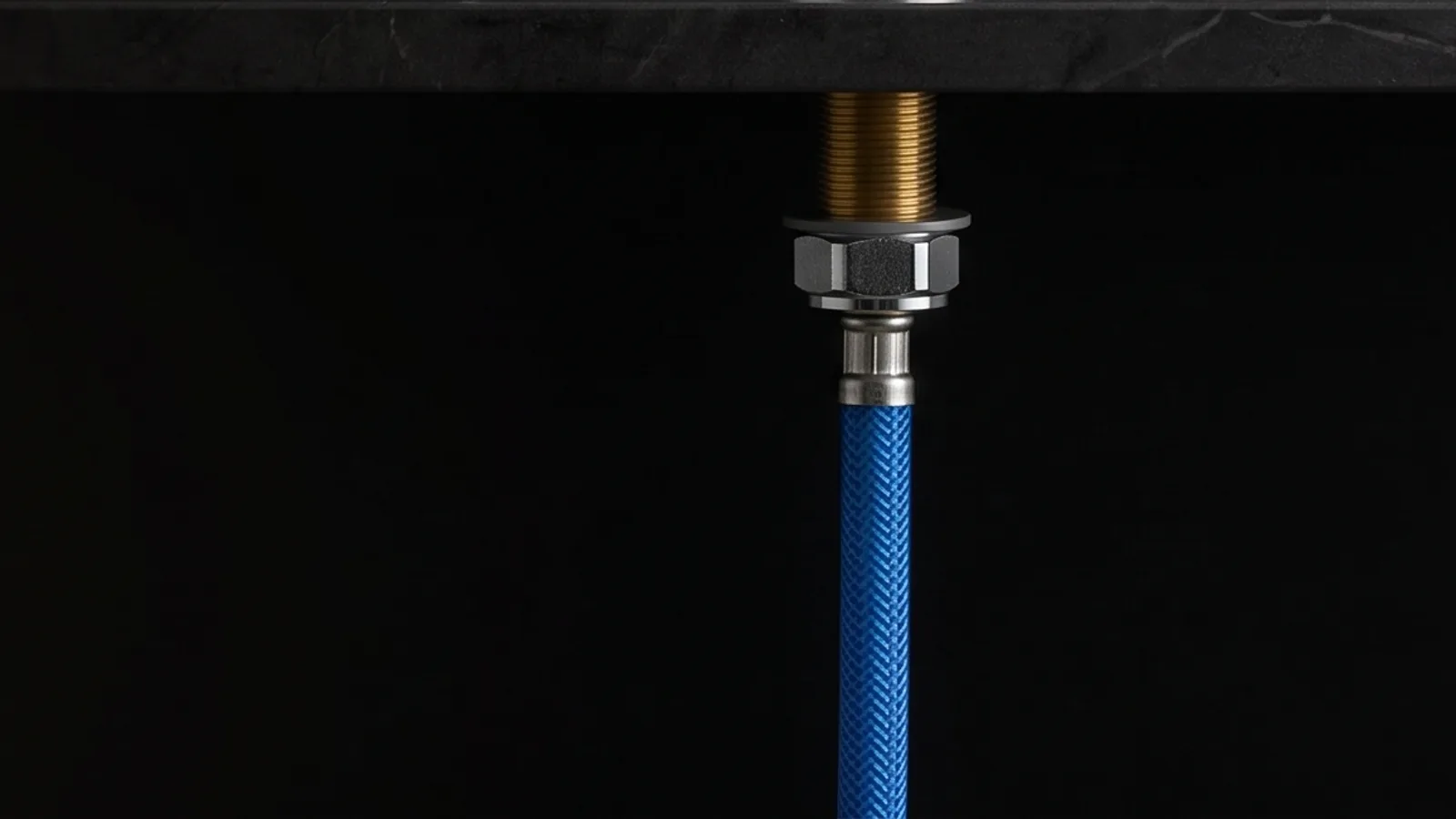 Under a kitchen counter: the threaded shank of a tap coming down through the stone, clamped by a hex nut, with a blue braided feed hose screwed onto the thread below it.