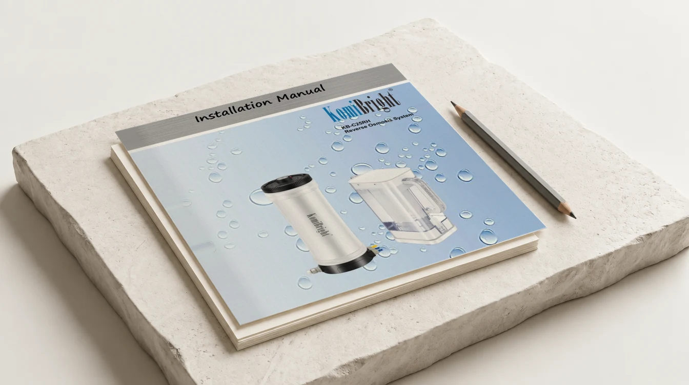 The KomiBright KB-C25RH installation manual, lying closed on a block of pale stone.