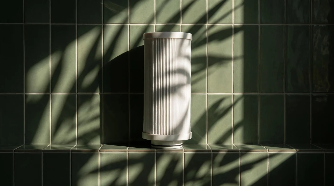 A white pleated filter cartridge standing on a green tiled ledge, with the shadow of a palm frond falling across it.
