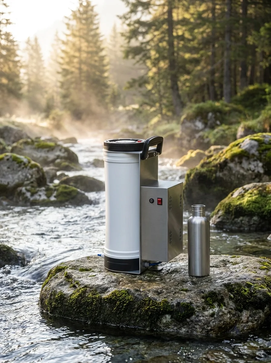 At a mountain stream: the one model in the range rated for river and lake water.