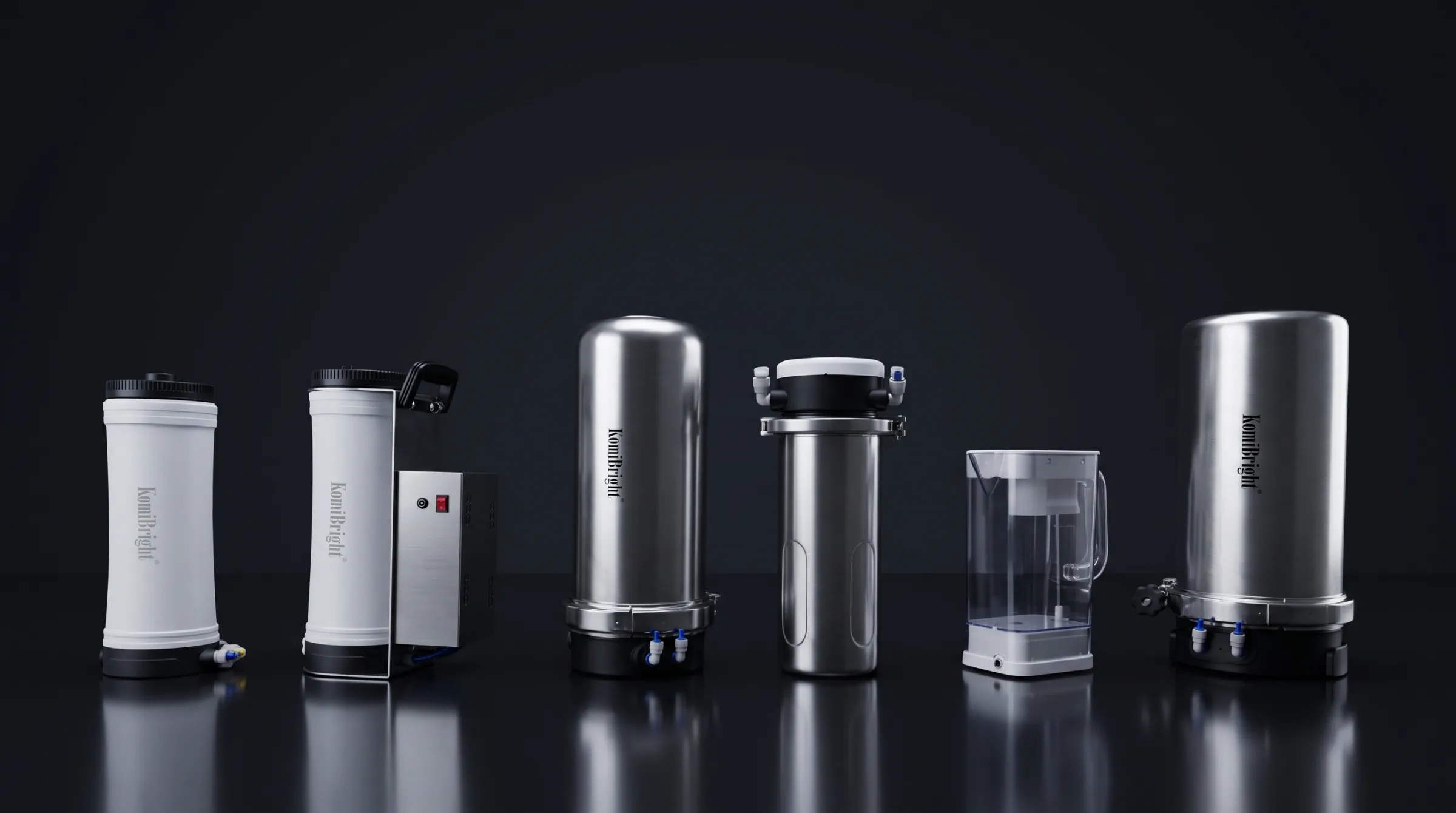 The KomiBright range: under-sink systems, pressure tank, commercial housing, mobile unit and ZenJar