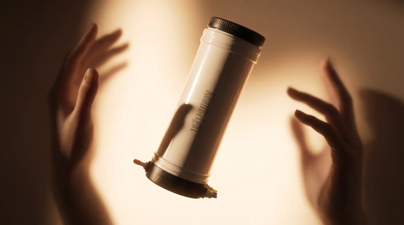 Two hands open around a single KomiBright cartridge held in mid-air, lit from behind against a warm wall.